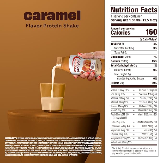 Premier Protein Shake, Caramel, 30g Protein, No Added Sugar, 24 Vitamins & Minerals to Support Immune Health, 11.5 fl oz, 6 Pack