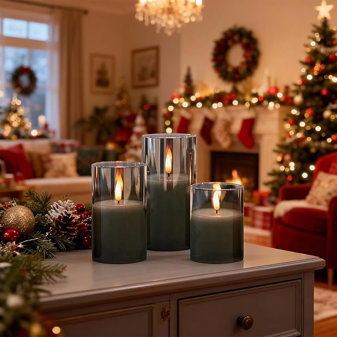 GenSwin Rechargeable Candles with Remote Timer and Charging Base, Set of 3 Glass Battery Operated Candles with 3D Flickering Wick, Black LED Flameless Candle for Home Party Decor(D3” x H4”5”6”)