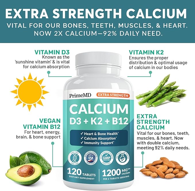 4-in-1 Calcium 1200 mg with Vitamin D3 K2 - Extra Strength Calcium Supplements for Women & Men with D3 K2 Vitamin 5000 IU - Everyday Vitality Supplement - Vegan-Friendly, Gluten-Free, Non-GMO (120ct)