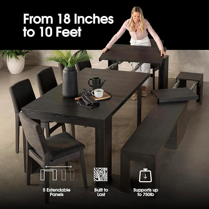 Transformer Table - Solid Wood Extendable Dining Table, Seats 2-12, Expandable Dining Room Table, Space-Saving Furniture, Expandable Dining Furniture, Black (Table Only)