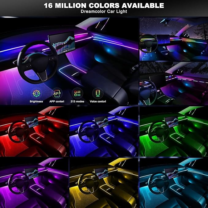 Acrylic Interior Car LED Strip Light with APP Remote Control,43.3in RGB Dreamcolor Acrylic Neon Flexible Strip Fiber Optic LED Ambient Lighting Kits,RGB Music Lights Sync for Inside car Decorations
