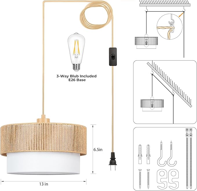 Qingmiao Boho Plug in Pendant Light, Rattan Hanging Lamp Plug in with Woven Shade, 3-Way Dimmable Hanging Light Fixture for Living Room Bedroom Kitchen Ceiling Home Decor