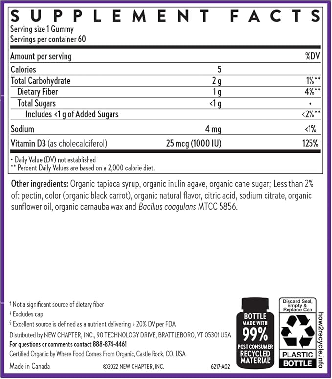New Chapter Organic Vitamine D3+ Gummies – 52 % de sucre en moins§, 1 000 UI de vitamine D biologique USDA, UN Gummy par jour pour des os solides et une fonction musculaire optimale, sans OGM, sans gluten, saveur Fruits rouges mélangés, 60 unités