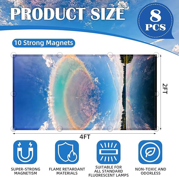 ANGSYLTH 8 Pcs Fluorescent Light Covers - 4 x 2 Feet Covers for Ceiling Lights, 8 x 10 Magnetic Light Filters for Classroom, Office, Hospitals (Blue Sky - Rainbow)