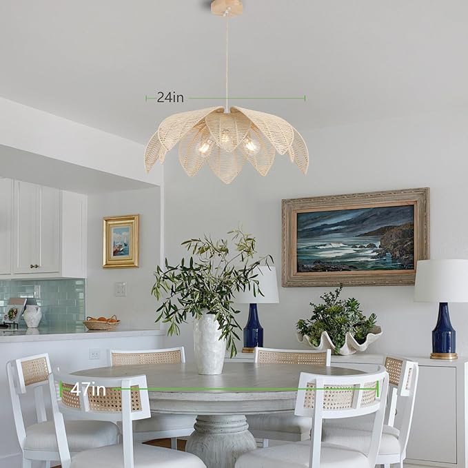 24”Hand Woven White Rattan Chandelier, 3-Lights Boho Light Fixture Adjustable Coastal Pendant Light for Kitchen Island Dining Living Room