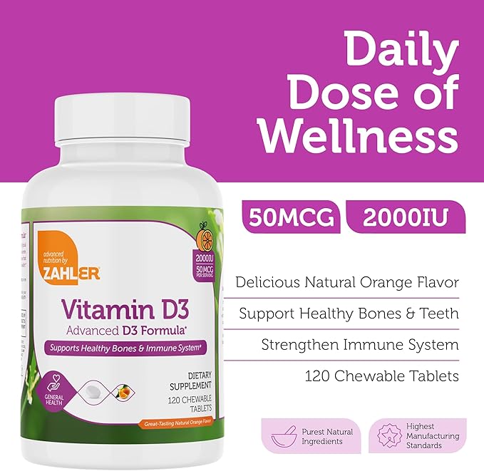 Zahler Vitamine D3 À CROQUER 2000 UI, un supplément entièrement naturel ciblant les carences en vitamine D, certifié casher, 120 comprimés saveur orange au goût délicieux