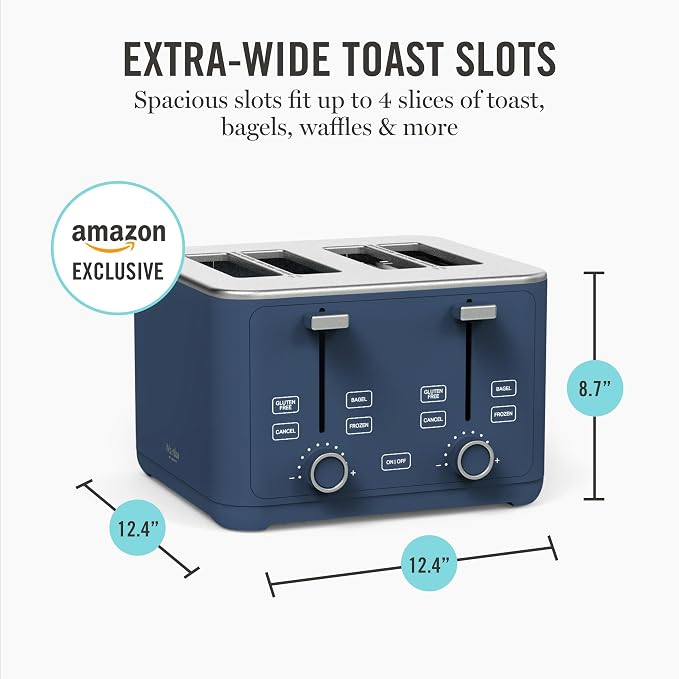 Martha Stewart 4 Slice Toaster, 10 Shade Settings with Defrost, Cancel, Bagel & Gluten-Free, Extra-Wide Self-Centering Slots for Waffles & Artisan Bread, Removable Crumb Tray, Cord Wrap, 1800W, Indigo