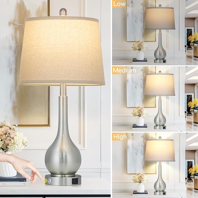 Rinweey 26" Silver Table Lamps Set of 2 for Living Room, Touch Control Bedside Lamp with USB Charging Ports, 3-Way Dimmable Brushed Nickel Bedroom Lamps for Nightstand (2 LED Bulbs Included)