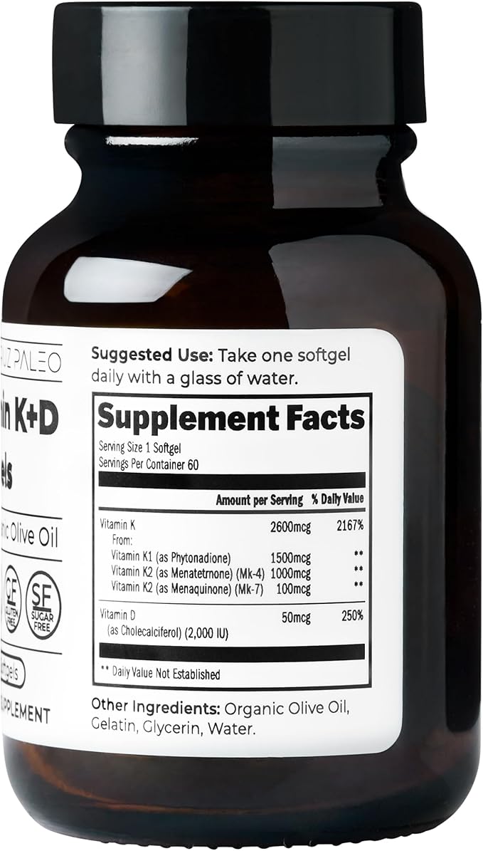Gélules Santa Cruz Paleo Vitamine K2 + D3, complément quotidien avec de l'huile d'olive biologique, contient de la vitamine K1 et deux formes de K2, soutient la santé cardiaque et osseuse, sans gluten, sans sucre, paléo, céto, 60 unités