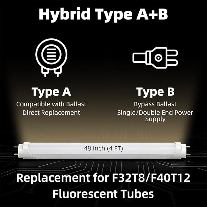 CYLYT Fluorescent Light Bulbs 48 inch, T8 LED Bulb 4 Foot Type A+B Replacement for F32T8 or F40T12 Tube, 26W 3400LM 3000K Warm White, Double or Single End Powered, 4-Pack