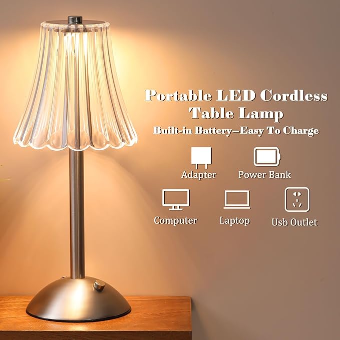 Liliful 1 Pcs Cordless Table Lamp Rechargeable Touch LED Small Gold Portable Battery Operated USB-c Desk Lamp 3 Color Dimmable for Bedroom Living Room Dining (Silver,Rose Style)