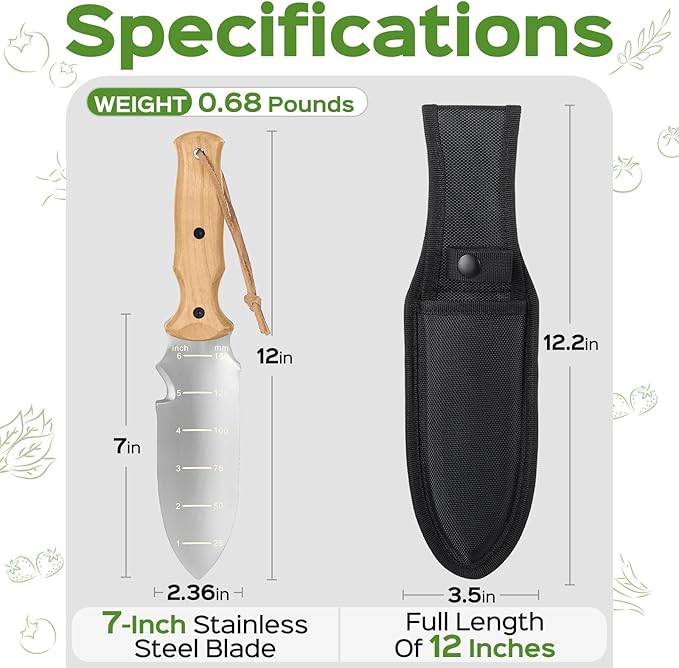Garden Tools Trowel with EDC Sheath for Weeding Digging Planting, Gifts for Women Mom Her, Gardening Tools with 7" Stainless Steel Blade, Dual-Scale Measurement,Hanging Hole, Gifts for Men Dad Him