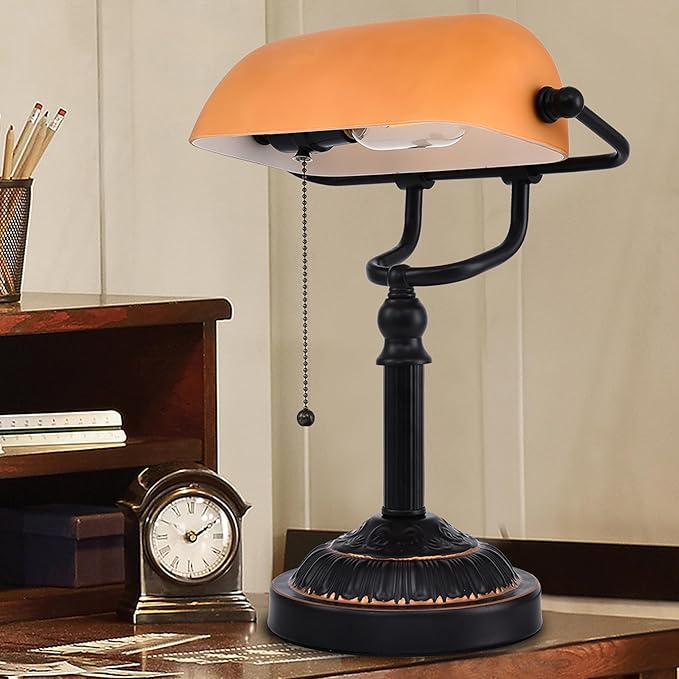 Bankers Desk Lamp with USB-A Port, Rustic Desk Lamp Pull Chain with Yellow Glass Shade, Vintage Banker's Desk Lamp Oil Rubbed Bronze for Home Office Library