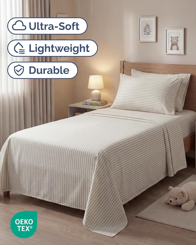Twin 4 Piece Sheet Set - Comfy Breathable & Cooling - Soft Hotel Luxury Bedding Set with 8-16 Inch Deep Pockets - 1 Flat & 1 Fitted Sheet & 2 Pillowcases - Wrinkle Free & Easy Care - Beige Stripes 2