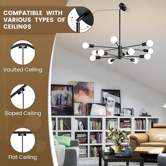 KAISITE Modern Sputnik Chandelier - 12-Light Black Farmhouse Ceiling Light Fixture for Dining Room, Kitchen, Living Room