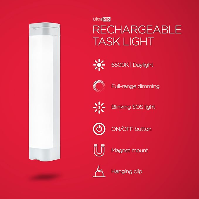 UltraPro Rechargeable Magnetic Task Light, 300 Lumens, Under Cabinet Lighting, Battery Operated Lights, Dimmable, Closet Light, Wireless, Portable Light, Perfect for Garage, Camping and More, 68572