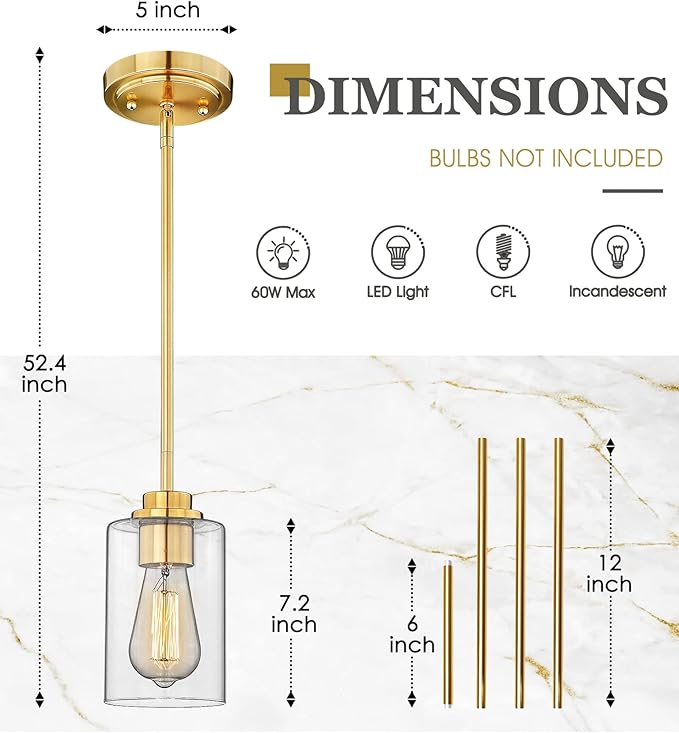 Pendant Lights Kitchen Island, Farmhouse Gold Pendant Lighting with Clear Glass Shade, Kitchen Pendant Lighting Over Island for Dining Room Entryway, AD-22281-1P-GD-C