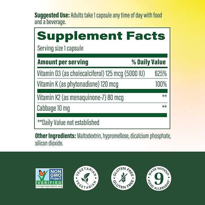 MegaFood Vitamine D3 5000 UI (125 mcg) - Compléments végétariens avec Vitamine D3 K2 - Soutient la santé des os, des dents, des muscles et du système immunitaire - Certifié sans OGM - 120 mini-capsules, 120 portions (lot de 2)