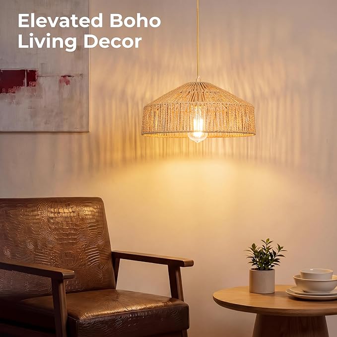 Qingmiao Boho Plug in Pendant Light, Rattan Hanging Lamp Plug in with Woven Shade, 3-Way Dimmable Hanging Light Fixture for Living Room Bedroom Kitchen Ceiling Home Decor
