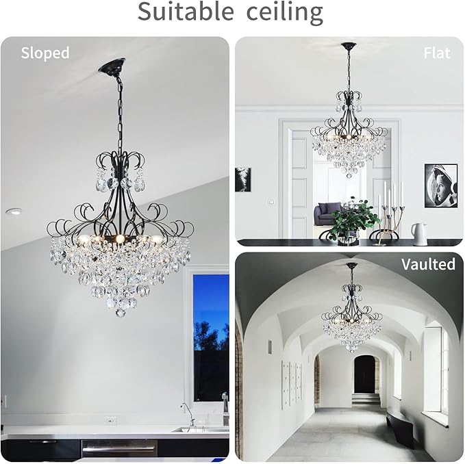 ANJIADENGSHI Crystal Chandelier K9 Crystal Lighting Chandelier for Living Room 10 E12 Bulbs High 27.6 in x Diameter 22.8 in, Black