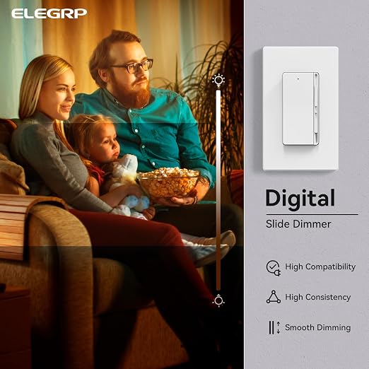 ELEGRP Digital Slide Dimmer Light Switch, Dimmer Switch with Decorative Frameless Design Wallplate for LED/CFL, Incandescent,Halogen Bulbs, Single Pole/3-Way, UL Listed, 6 Pack, Matte White