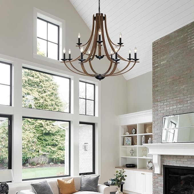 LAMPKEDUO Farmhouse Chandeliers for Dining Room Light Fixture, 2 Tier 12-Light 41" Adjustable Height Retro Faux Wood Texture Rustic Light Fixtures for Living Room Bedroom Foyer Entryway