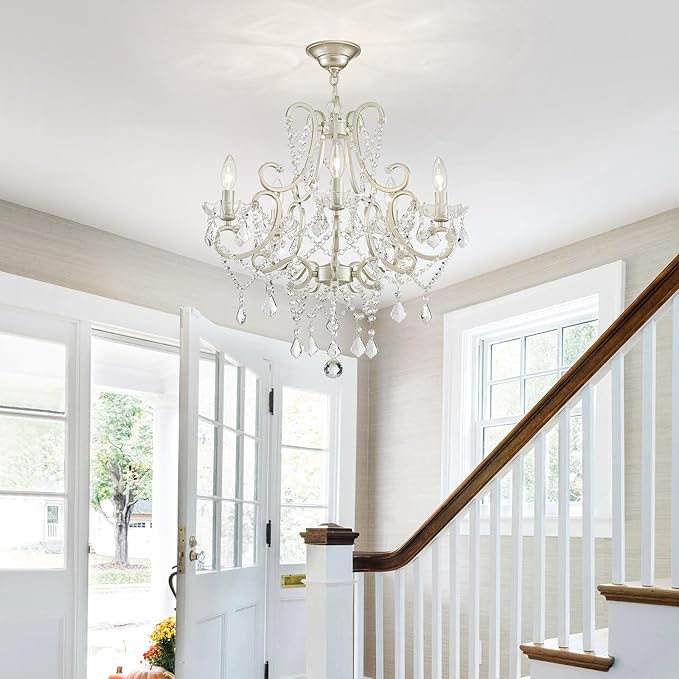 Crystal Chandelier, 5-Light Modern Chandelier for Dining Room Light Fixture, Nickel Finish Pendant Ceiling Light Fixture, Modern Candle Chandelier for Living Room Kitchen Island Entryway Bedroom