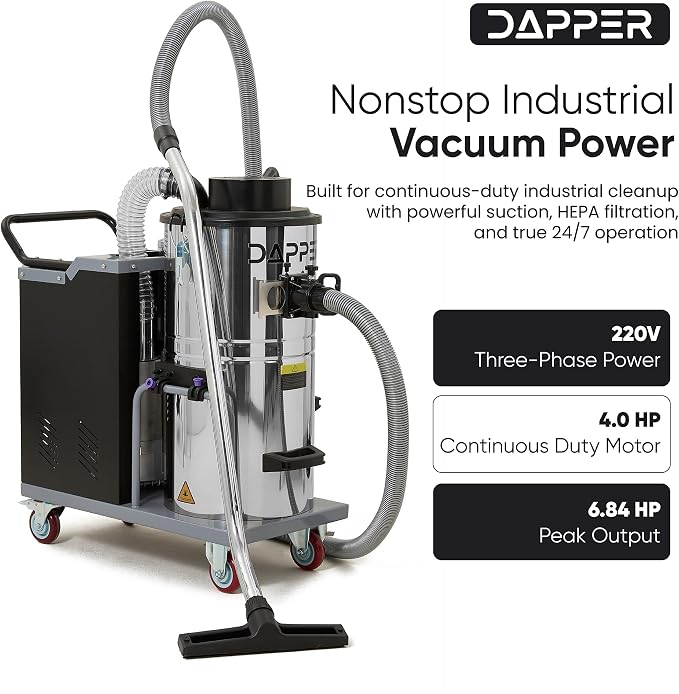 Industrial Wet/Dry Vacuum Cleaner with HEPA Filter, 24 Hour Operation, 7 Peak HP, 223.5 CFM, 14.5 Gallon Stainless Steel Tank, 220V 3-Phase — Ideal for Factories, Warehouses & Auto Shops
