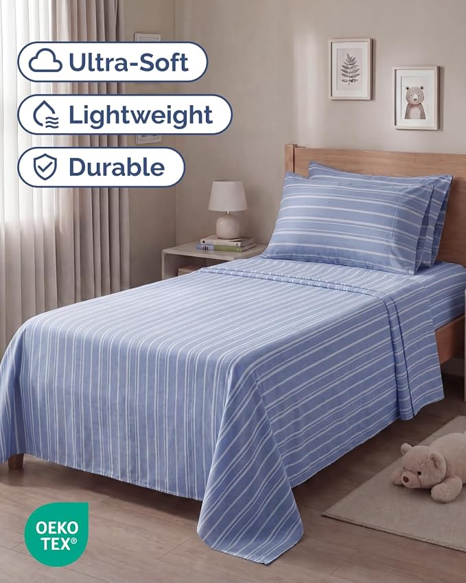 Twin 4 Piece Sheet Set - Comfy Breathable & Cooling - Soft Hotel Luxury Bedding Set with 8-16 Inch Deep Pockets - 1 Flat & 1 Fitted Sheet & 2 Pillowcases - Wrinkle Free & Easy Care - Blue Stripes 3