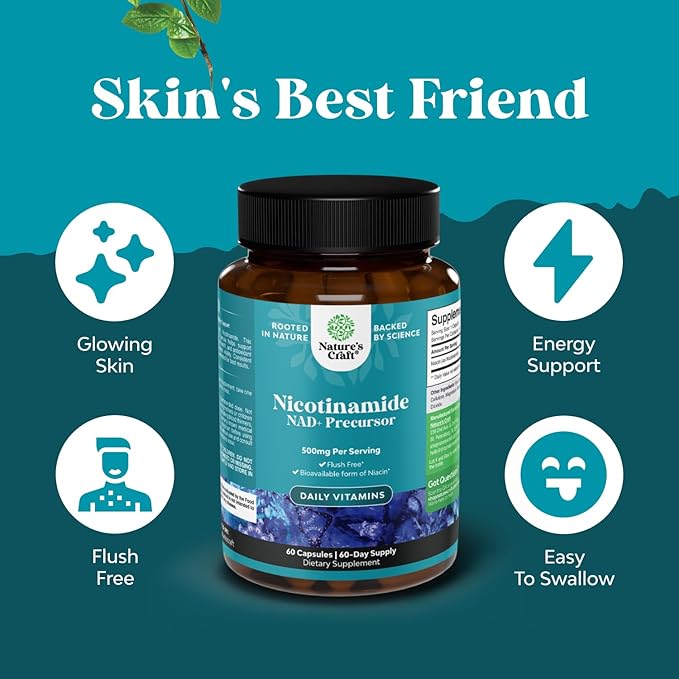Vitamine B3 Niacinamide 500 mg Gélules - Énergie Mitochondriale et Puissant Complément pour la Peau - Vitamine B3 Niacine Sans Flush et Nicotinamide 500 mg - Complément Niacine Sans Flush - 60 gélules