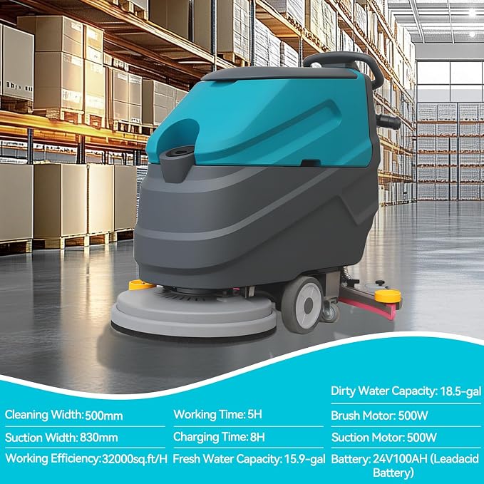 Walk-behind Floor Scrubber Machine, 22" Cleaning Width, 31.5" Suction Width, 18.5-gal Sewage Tank, 15.9-Clear water tank, 32000 Sqft/h, Complete Set of Parts