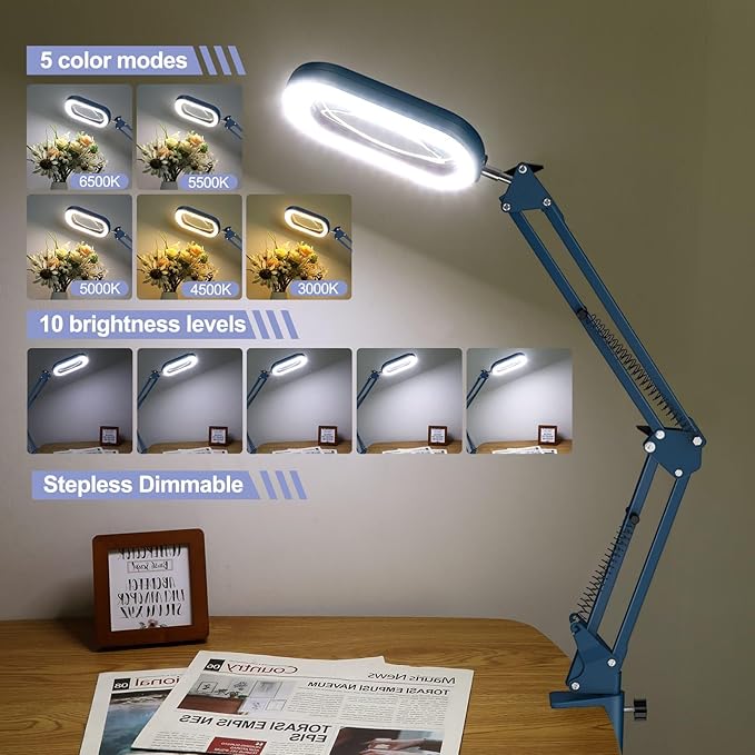 Drdefi 10X Square Magnifying Glass with Light and Stand, Real Glass LED Lighted Magnifier, 5 Color Modes Stepless Dimmable, Hands-Free Mag Desk Lamp with Clamp for Reading Craft Hobby Close Work Blue