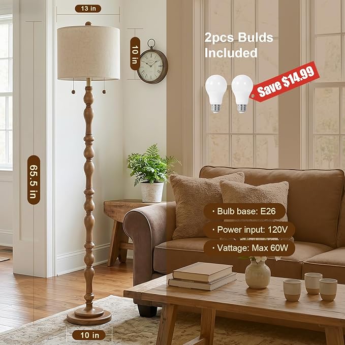 Scenekoy 65.5 Natural Real Wood Floor Lamp for Living Room Bedroom, Dual Pull Chains Switch, Wooden Base, Rustic Farmhouse Standing Floor Lamp with Linen Shade for Living Room Bedroom Office