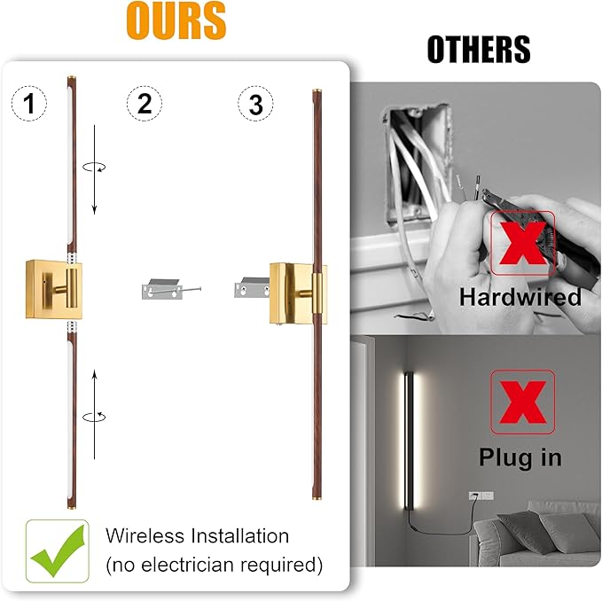 Morauroral 30″ Walnut Battery Operated Wall Sconces with Remote Control, Rechargeable Wall Sconces Set of 2, LED Sconces Wall Lighting, Wireless Wall Lights for Bedroom, Living Room, Background Wall