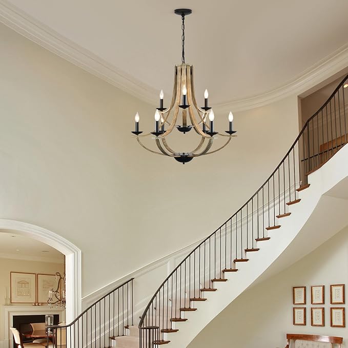 LAMPKEDUO Farmhouse Chandeliers for Dining Room Light Fixture, 9-Light 31" Adjustable Height Retro Faux Wood Texture Rustic Light Fixtures for Living Room Bedroom Kitchen Island Foyer Entryway