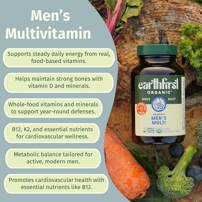 Men’s Multi Once Daily, Whole-Food Multivitamin with 19 Vitamins & Minerals for Energy, Heart, Bone Strength, Prostate & Immune Support, Vegan, Non-GMO, 60 Count