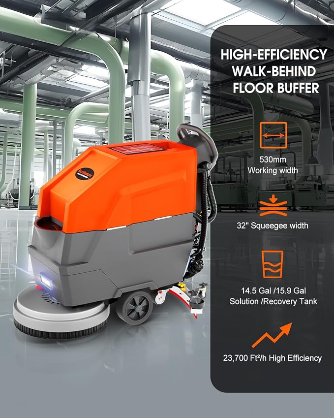 HANTINSTOM Walk Behind Commercial Floor Scrubber with 20" Ultra-Wide Scrubbing Path,High-pressure Watergun，LED Light，14.5 Gal Large Solution Tank,4 Hours Cordless Working Time,23,700 Sqft/h