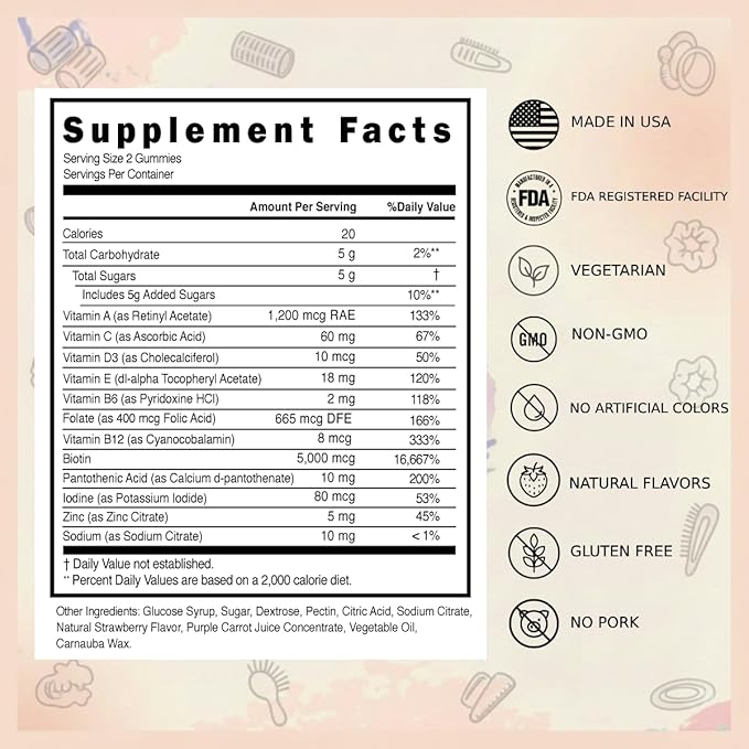Hair Vitamins | 5000mcg Biotin | Non-GMO, Vegetarian | Promotes & Strengthens Hair | 1-Month Supply