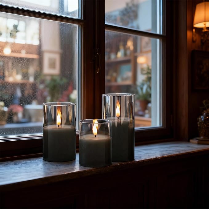 GenSwin Rechargeable Candles with Remote Timer and Charging Base, Set of 3 Glass Battery Operated Candles with 3D Flickering Wick, Black LED Flameless Candle for Home Party Decor(D3” x H4”5”6”)