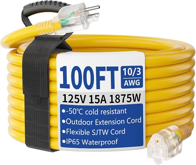 100ft Outdoor/Indoor Extension Cord with Lighted 10/3 Gauge Ultra 3 Prong Heavy Duty SJTW, Waterproof, Flexible Cold-Resistant,15A 125V 1875W, Yellow