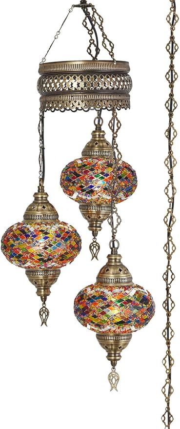 DEMMEX Plug-in Turkish Hanging Lamp, Handmade Moroccan Mosaic Chandelier Pendant Light Fixture with 15-ft Cord & Chain, Decorative Ceiling Lamp for Living Room, Bedroom, 3 Large 7'' Globes, 3.5 ft.