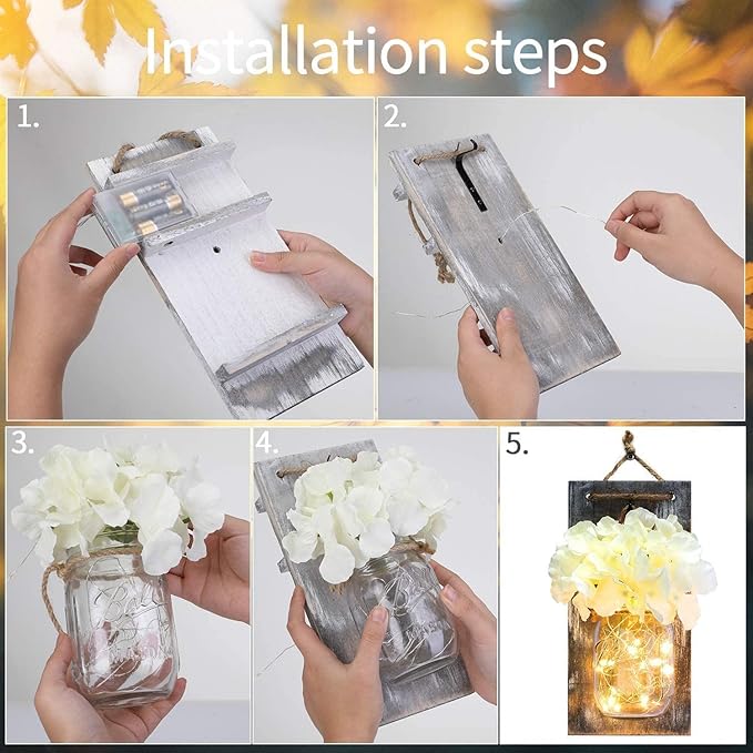 Lightess Mason Jar Wall Lights with Remote Control, Rustic Bedroom Wall Decor, Hanging Battery Powered Jar Sconce with LED Fairy Lights for Farmhouse Decor, SYA11 (Set of 2)