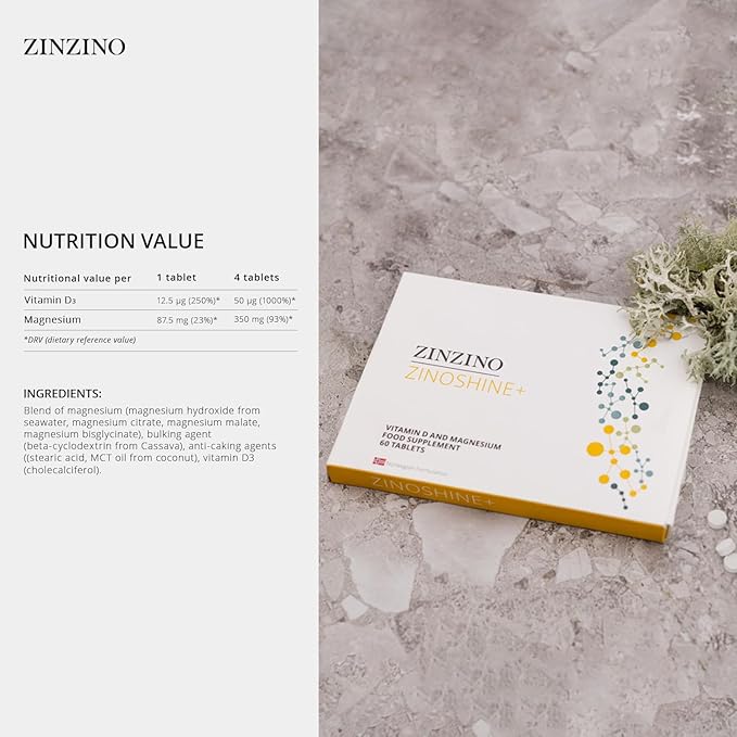 ZinoShine+ - Complément Vitamine D3 & Magnésium pour le Soutien Immunitaire, l'Énergie, la Santé Musculaire, des Os et des Dents - Réduit la Fatigue - 60 Comprimés