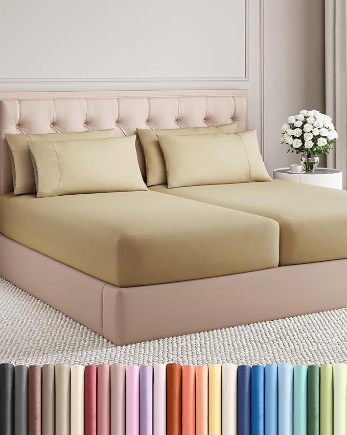Split King 7 Piece Sheet Set - Comfy Breathable & Cooling - Ultra-Soft Hotel Luxury Bedding Set w/ 8-16 Inch Deep Pockets - 1 Flat & 2 Fitted Sheet & 4 Pillowcases - Wrinkle Free & Easy Care - Beige