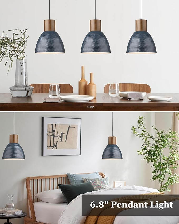 ELYONA 3 Pack Hammered Pendant Lights 7” Small Metal Solid Wood Hanging Light Fixtures Adjustable Height Industrial Pendant Lighting for Kitchen Island Dining Room Bedroom Bar Office, Modern Blue