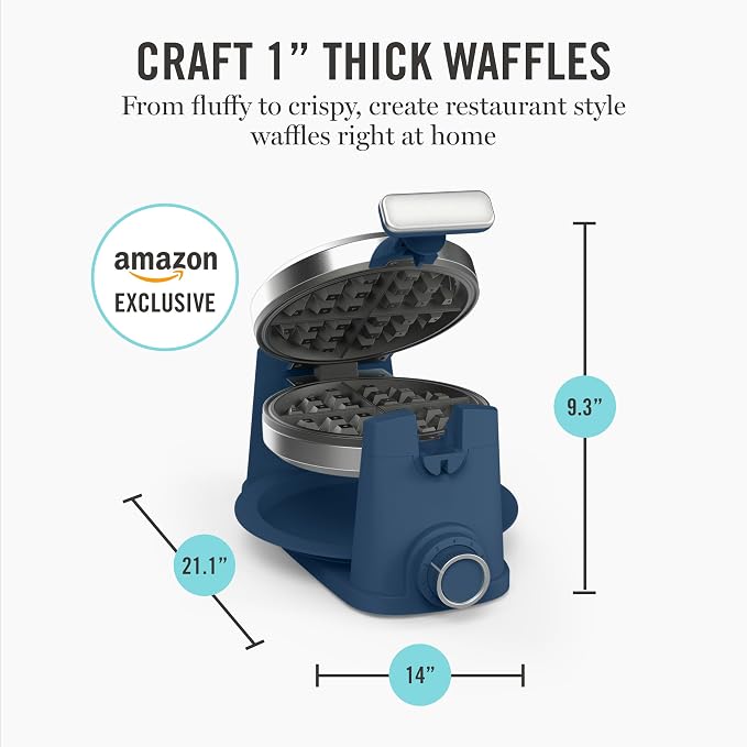 Martha Stewart Rotating Waffle Maker, 180° Flip Iron with PFAS-Free Nonstick Plates, Adjustable Timer, Ready Light, Drip Tray, Space Saving, Classic Round 7”, Easy to Clean, Stainless Steel, Indigo