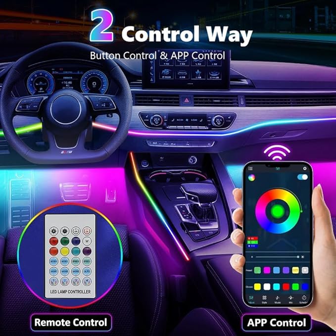 Acrylic Interior Car LED Strip Light with APP Remote Control,43.3in RGB Dreamcolor Acrylic Neon Flexible Strip Fiber Optic LED Ambient Lighting Kits,RGB Music Lights Sync for Inside car Decorations