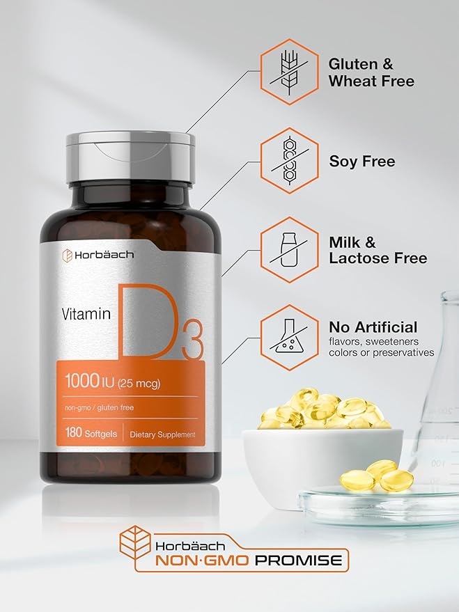 Horbäach Vitamine D3 1000 UI (25 mcg) Gélules | 180 unités | Formule à haute puissance | Complément sans OGM et sans gluten