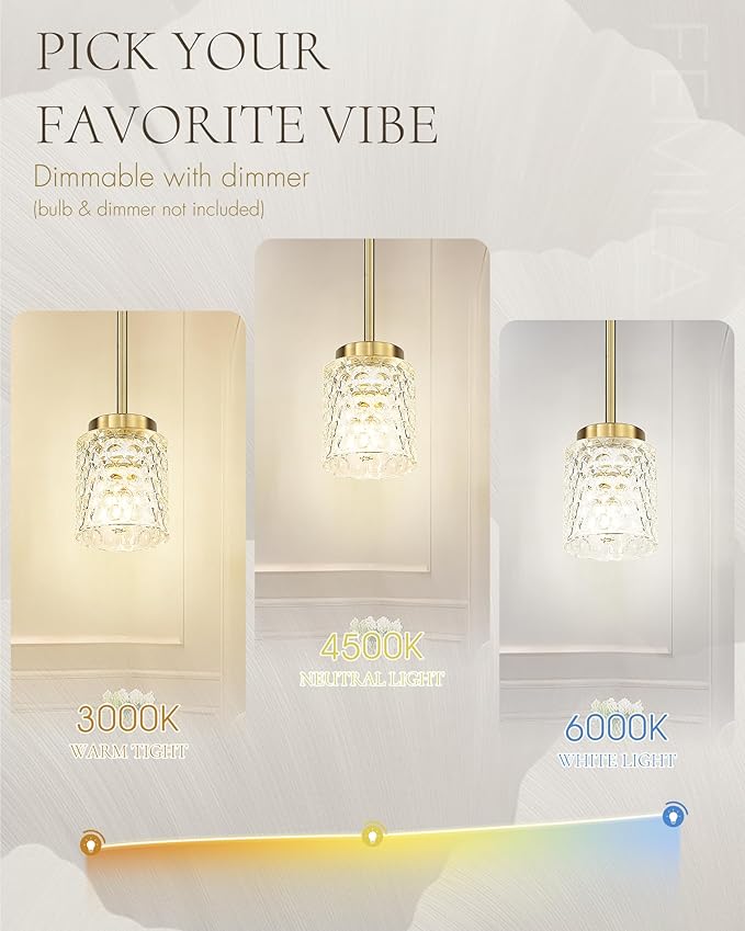 FEMILA Gold Pendant Light, 4" Pendant Light Fixtures, Kitchen Island Lighting, Hammered Glass, E26 Base, 4FY86MIL BG