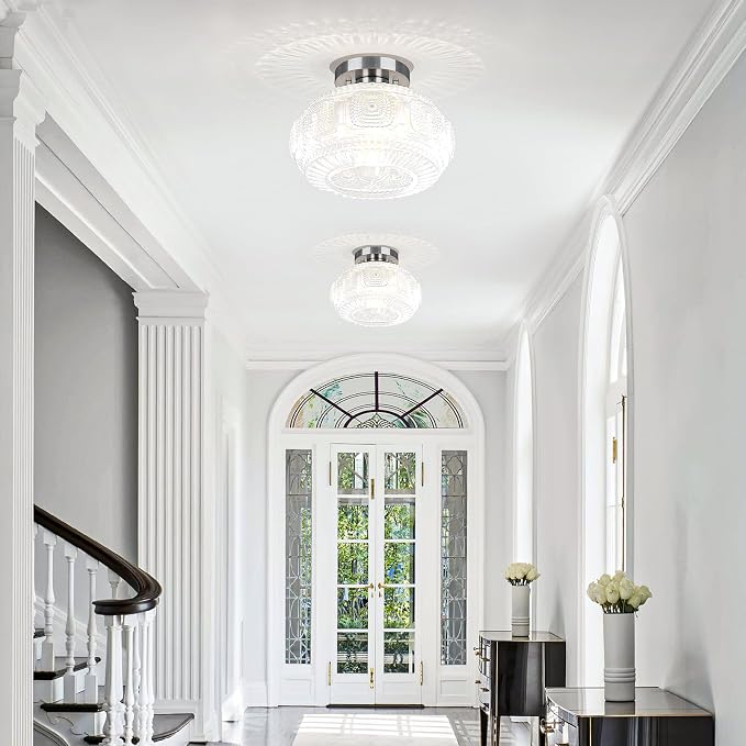 Semi Flush Mount Ceiling Light, Upgraded Larger Brushed Nickel Glass Ceiling Light Fixture, Vintage Lighting for Hallway Kitchen Bedroom Dining Room, Bulb Not Included
